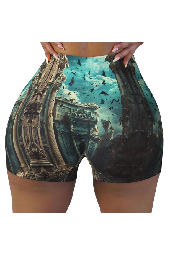 Seamless Workout Shorts Women - Ruined Temple With Crows Biker Gym Running Yoga Spandex Shorts for Women