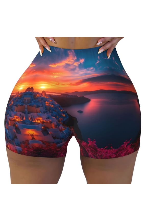 Seamless Workout Shorts Women - Santorini Sunset Bliss Biker Gym Running Yoga Spandex Shorts for Women