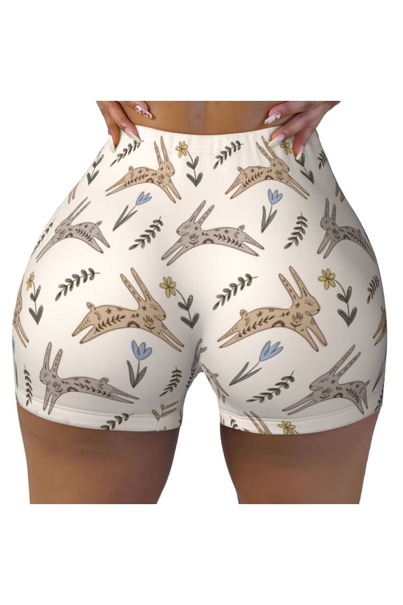 Seamless Workout Shorts Women - Sassy Floral Print Rabbit Biker Gym Running Yoga Spandex Shorts for Women