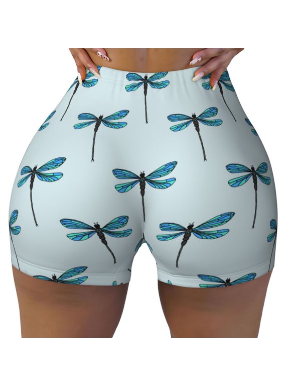 Seamless Workout Shorts Women - Simple Dragonfly Blue Biker Gym Running Yoga Spandex Shorts for Women