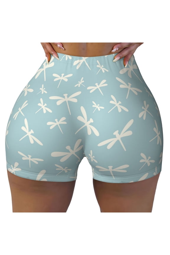 Seamless Workout Shorts Women - Simple Dragonfly Print Biker Gym Running Yoga Spandex Shorts for Women