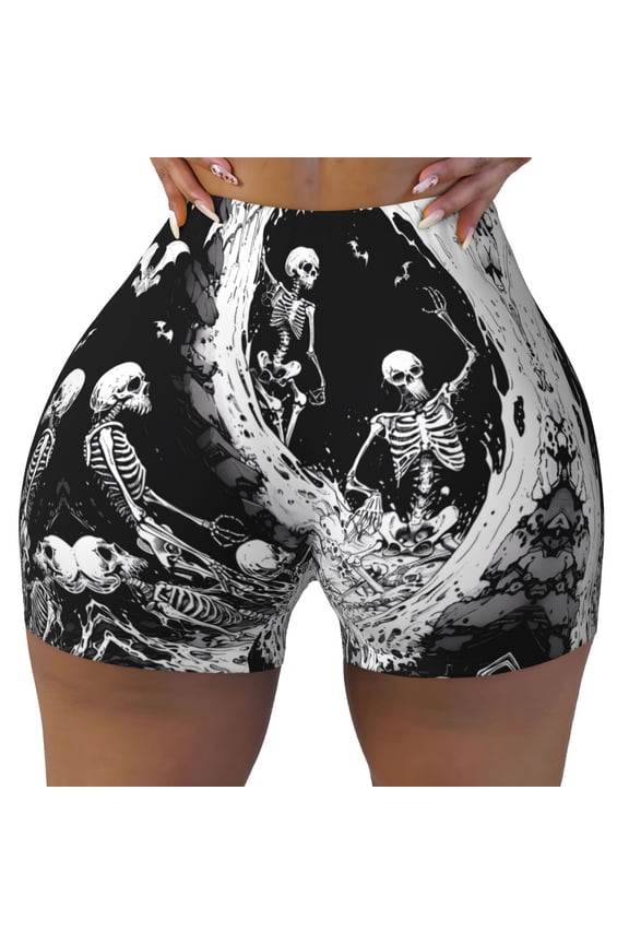 Seamless Workout Shorts Women - Skeleton Wave Artwork Biker Gym Running Yoga Spandex Shorts for Women