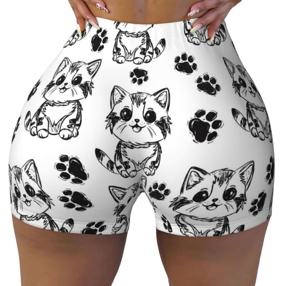 Seamless Workout Shorts Women - Sketch Cartoon Cat and Cat Paw Biker Gym Running Yoga Spandex Shorts for Women