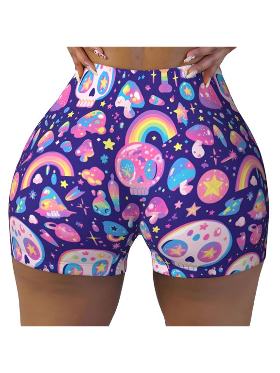 Seamless Workout Shorts Women - Skull mushroom rainbow Biker Gym Running Yoga Spandex Shorts for Women