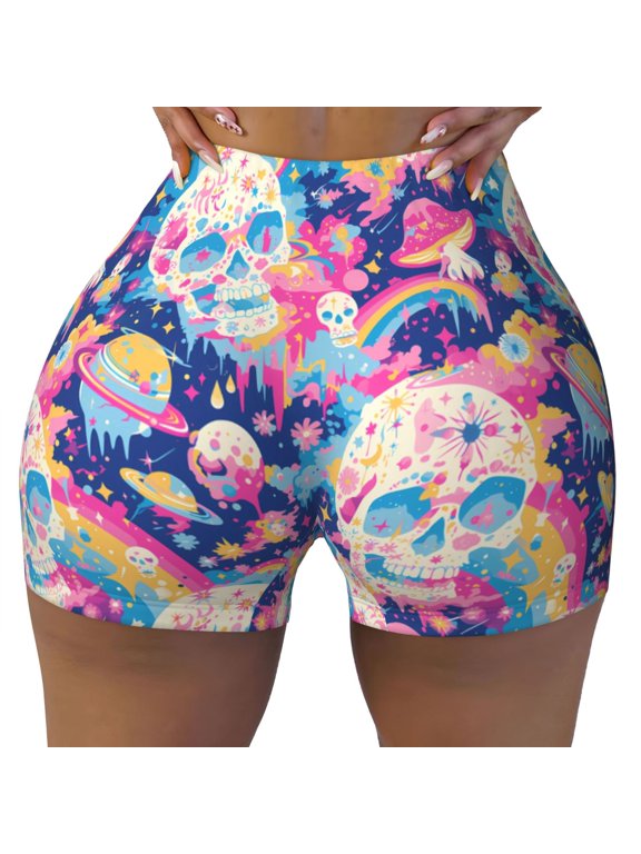 Seamless Workout Shorts Women - Skull rainbow color space Biker Gym Running Yoga Spandex Shorts for Women