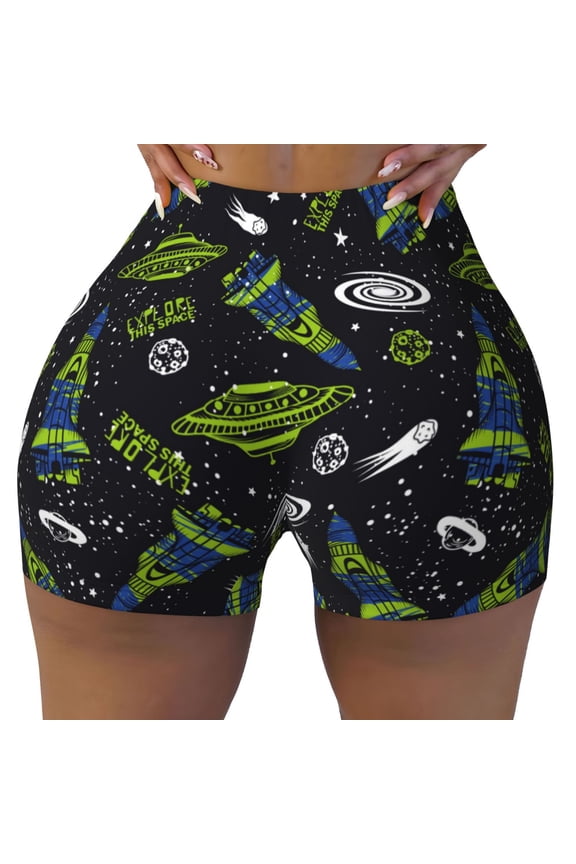 Seamless Workout Shorts Women - Space Rockets Biker Gym Running Yoga Spandex Shorts for Women