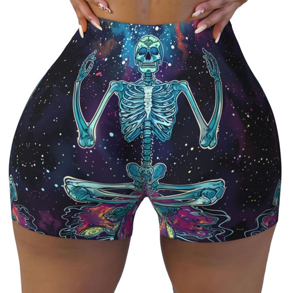 Seamless Workout Shorts Women - Space Skeleton Meditation Biker Gym Running Yoga Spandex Shorts for Women