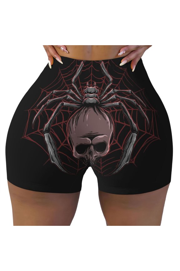 Seamless Workout Shorts Women - Spider with Skull Biker Gym Running Yoga Spandex Shorts for Women