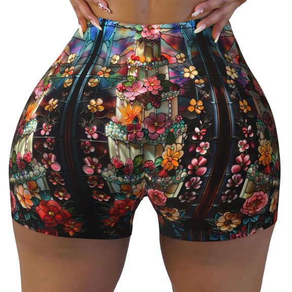 Seamless Workout Shorts Women - Stained Glass Floral Cake Biker Gym Running Yoga Spandex Shorts for Women