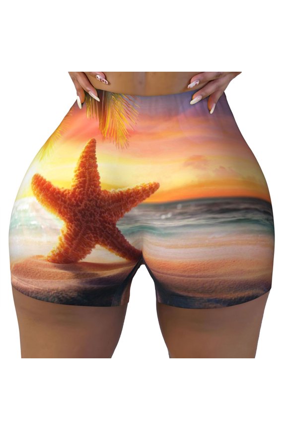 Seamless Workout Shorts Women - Starfish Sunset Sea Beach Biker Gym Running Yoga Spandex Shorts for Women