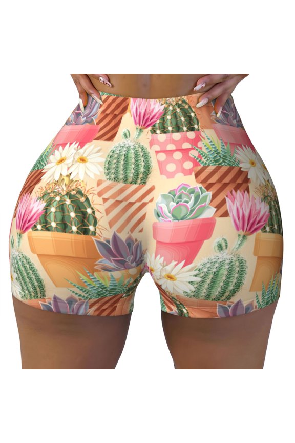 Seamless Workout Shorts Women - Succulents Cactus blooming Biker Gym Running Yoga Spandex Shorts for Women