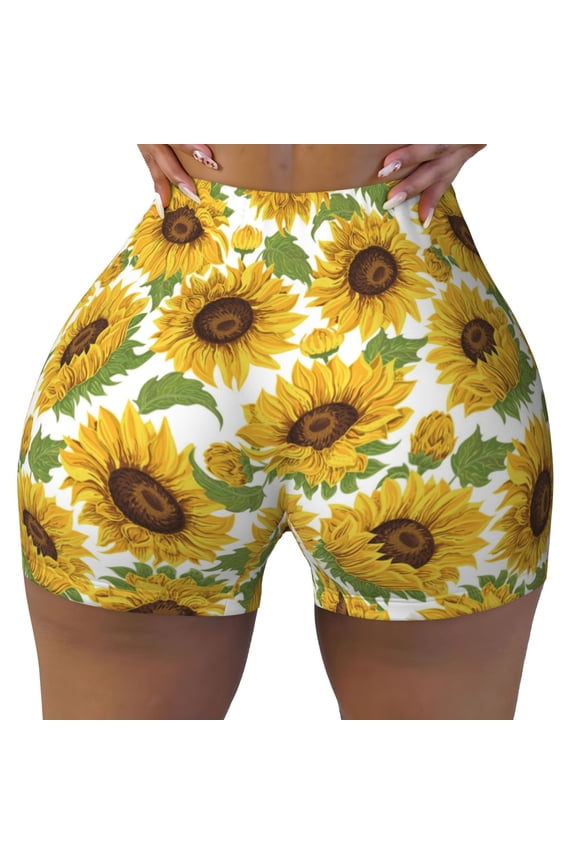 Seamless Workout Shorts Women - Sunflowers Aesthetic Floral Biker Gym Running Yoga Spandex Shorts for Women