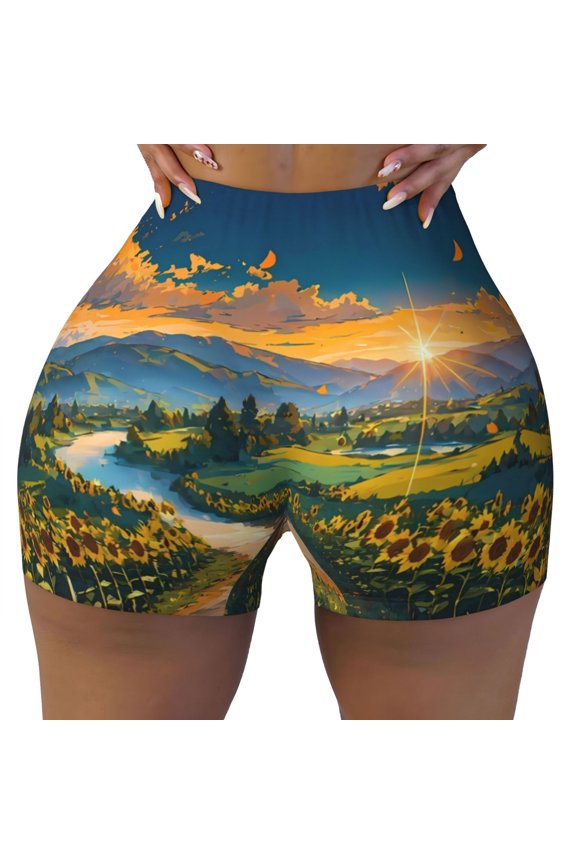 Seamless Workout Shorts Women - Sunflowers At Sunset Biker Gym Running Yoga Spandex Shorts for Women