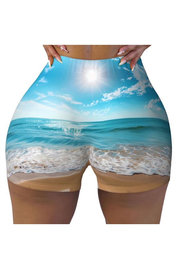 Seamless Workout Shorts Women - Sunny Ocean Waves Biker Gym Running Yoga Spandex Shorts for Women