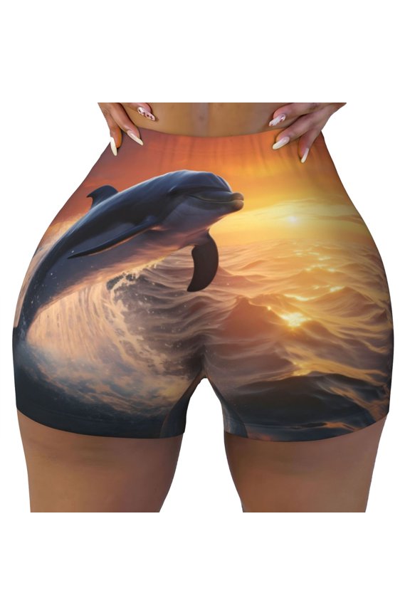 Seamless Workout Shorts Women - Sunset Dancing Dolphin Biker Gym Running Yoga Spandex Shorts for Women