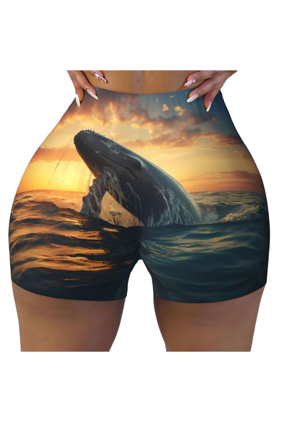 Seamless Workout Shorts Women - Sunset Ocean Whale Biker Gym Running Yoga Spandex Shorts for Women