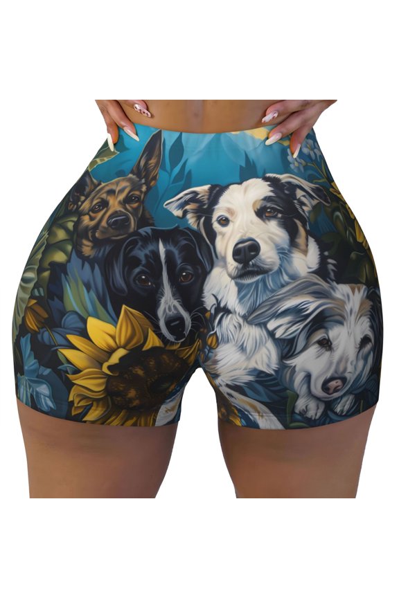 Seamless Workout Shorts Women - Sunset Sunflower Dog Biker Gym Running Yoga Spandex Shorts for Women