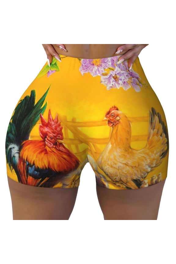 Seamless Workout Shorts Women - The Chicken Family Rooster Hen And Chicks Biker Gym Running Yoga Spandex Shorts for Women