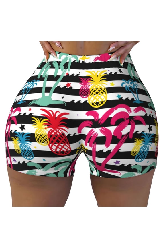 Seamless Workout Shorts Women - Trendy Colorful Pineapples Biker Gym Running Yoga Spandex Shorts for Women