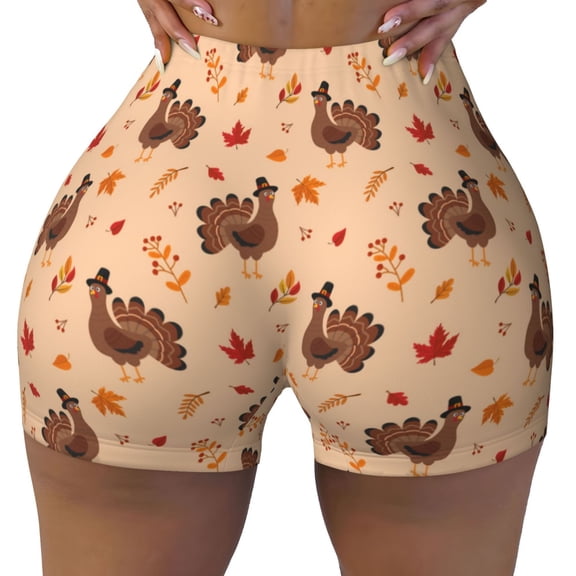 Seamless Workout Shorts Women - Turkey And Autumn Leaves Biker Gym Running Yoga Spandex Shorts for Women