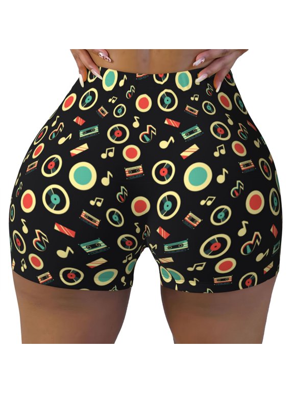 Seamless Workout Shorts Women - Vector Retro Music Biker Gym Running Yoga Spandex Shorts for Women