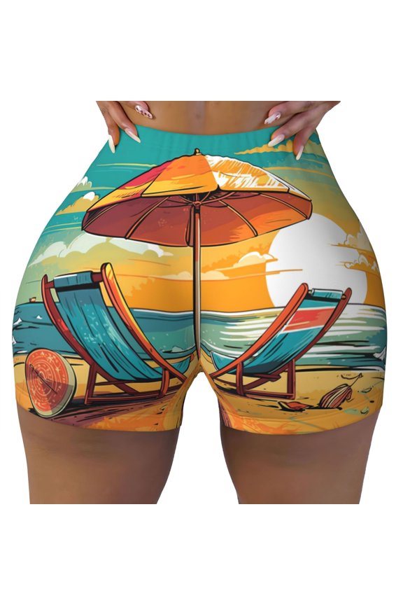 Seamless Workout Shorts Women - Vintage Beach Sunset Biker Gym Running Yoga Spandex Shorts for Women