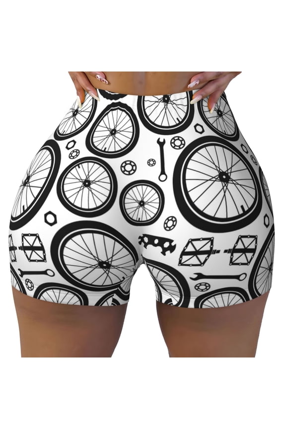 Seamless Workout Shorts Women - Vintage Bike wheel Pattern Biker Gym Running Yoga Spandex Shorts for Women