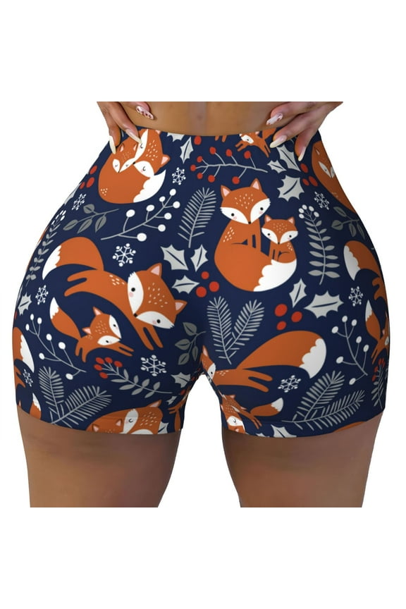Seamless Workout Shorts Women - Vintage Blue Fox Family Biker Gym Running Yoga Spandex Shorts for Women