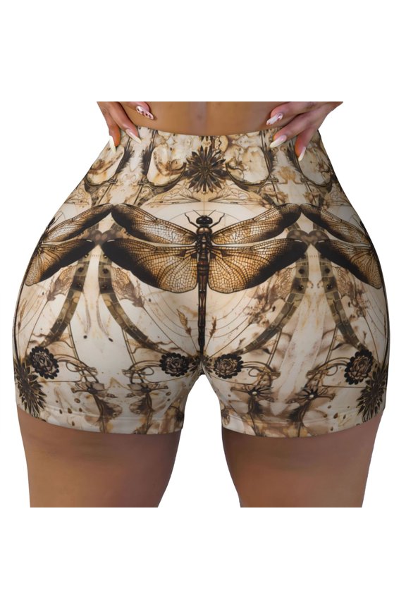 Seamless Workout Shorts Women - Vintage Dragonfly Artwork Biker Gym Running Yoga Spandex Shorts for Women