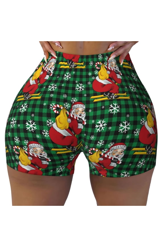 Seamless Workout Shorts Women - Vintage Santa Skiing Green Plaid Biker Gym Running Yoga Spandex Shorts for Women