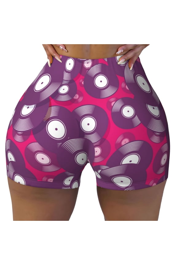 Seamless Workout Shorts Women - Vintage Vinyl Record Biker Gym Running Yoga Spandex Shorts for Women
