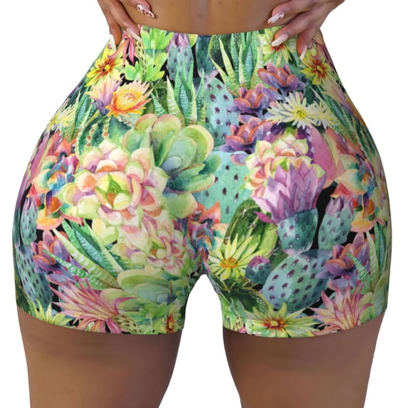 Seamless Workout Shorts Women - Watercolor Blooming Cactus Biker Gym Running Yoga Spandex Shorts for Women