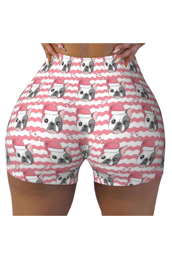 Seamless Workout Shorts Women - Wave Cute French Bulldog Pink Biker Gym Running Yoga Spandex Shorts for Women