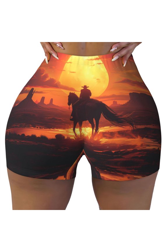 Seamless Workout Shorts Women - Western Cowboy Sunset Biker Gym Running Yoga Spandex Shorts for Women