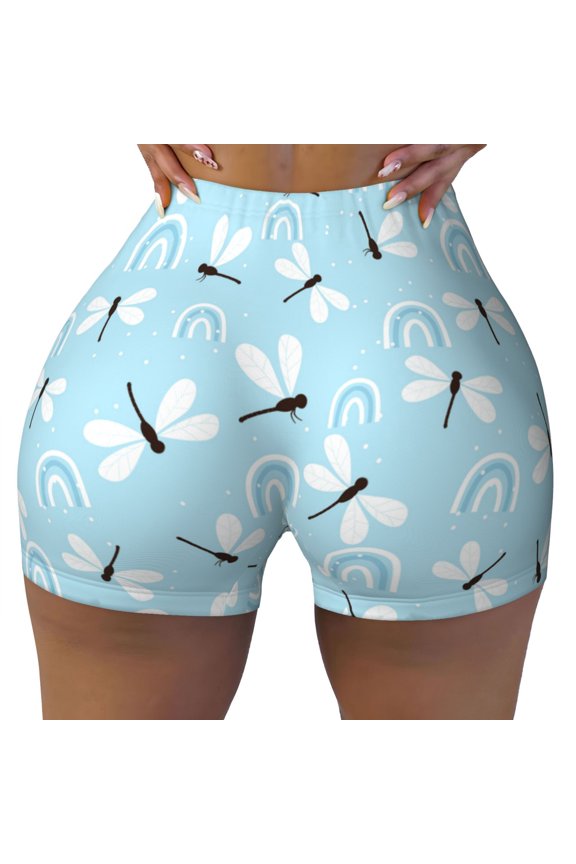 Seamless Workout Shorts Women - White Blue Dragonfly Biker Gym Running Yoga Spandex Shorts for Women