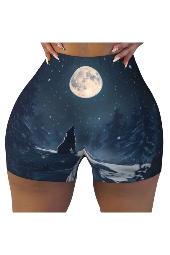 Seamless Workout Shorts Women - Wolf Howling Full Moon Biker Gym Running Yoga Spandex Shorts for Women