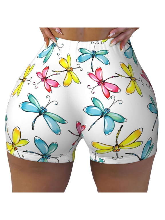 Seamless Workout Shorts Women - Yellow Blue Pink Dragonfly Biker Gym Running Yoga Spandex Shorts for Women