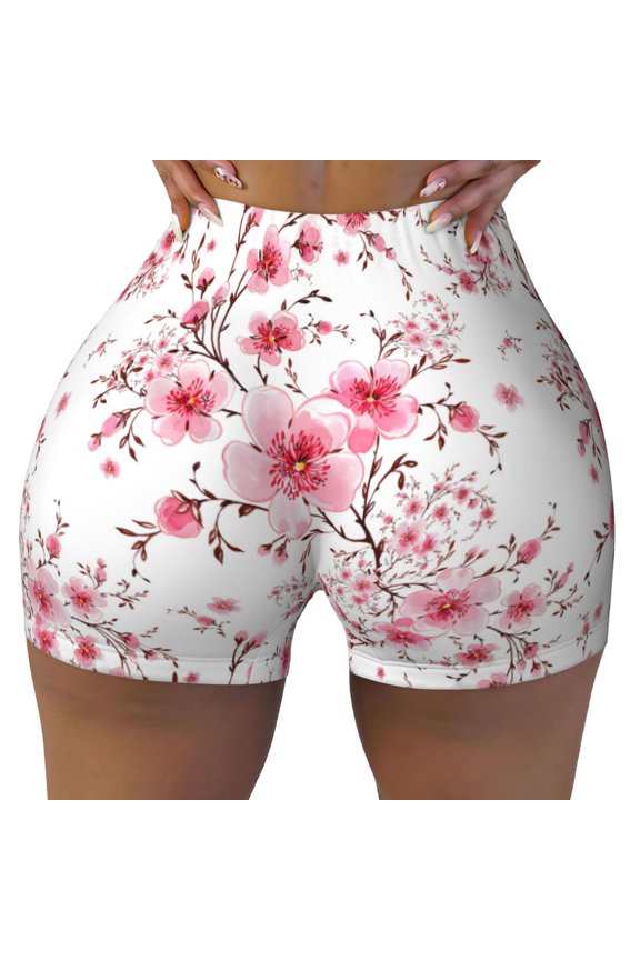 Seamless Workout Shorts Women - blooming pink berry blossoms Biker Gym Running Yoga Spandex Shorts for Women