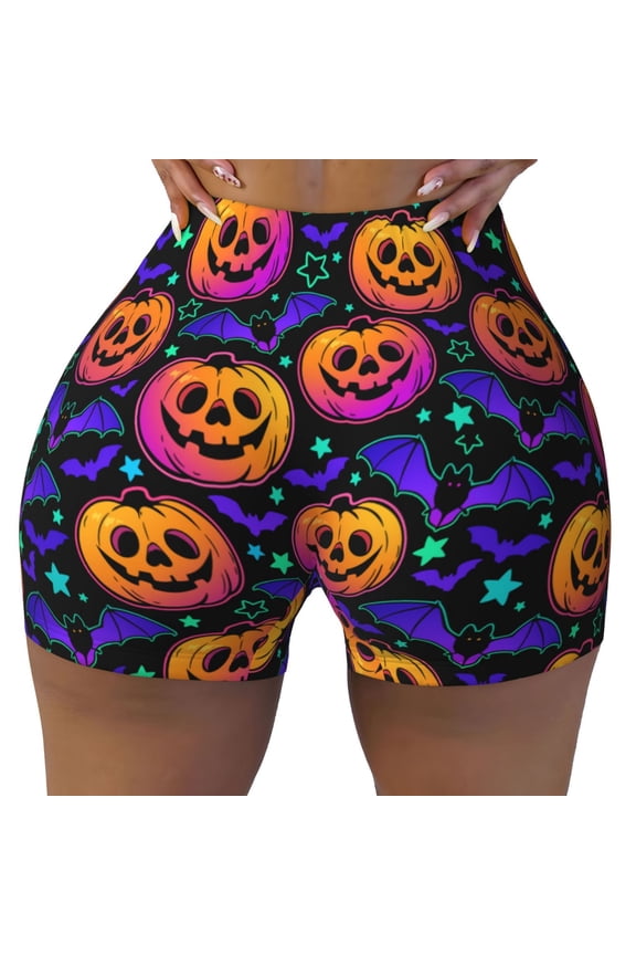 Seamless Workout Shorts Women - bright haloween pumpkins bats Biker Gym Running Yoga Spandex Shorts for Women