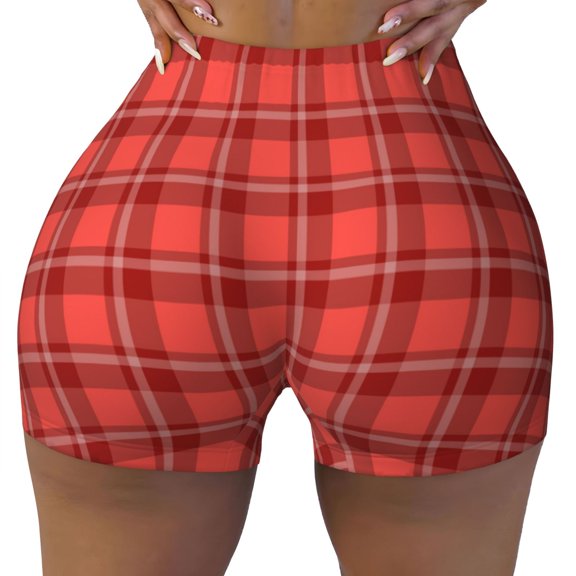 Seamless Workout Shorts Women - bright red checkered Biker Gym Running Yoga Spandex Shorts for Women