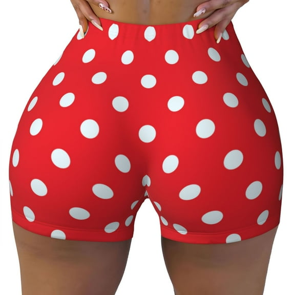Seamless Workout Shorts Women - bright red white polka dots Biker Gym Running Yoga Spandex Shorts for Women