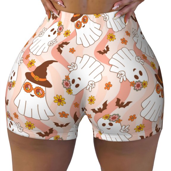 Seamless Workout Shorts Women - cartoon cute ghost halloween Biker Gym Running Yoga Spandex Shorts for Women