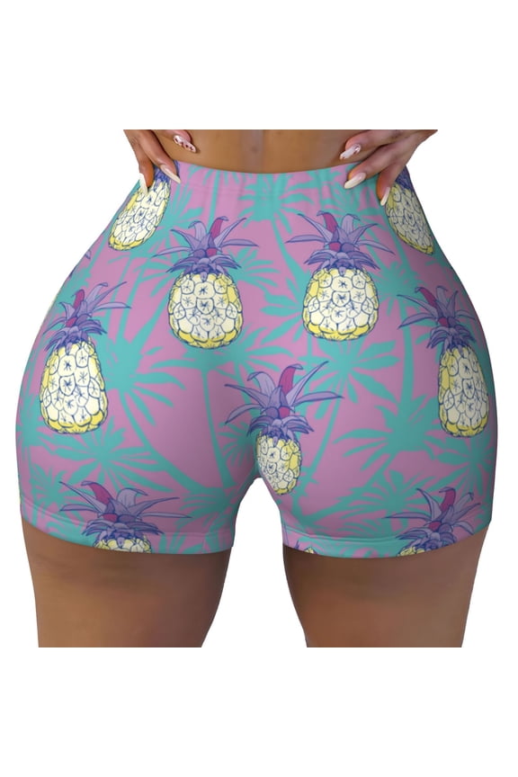 Seamless Workout Shorts Women - cartoon pineapple Biker Gym Running Yoga Spandex Shorts for Women