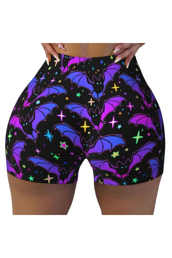 Seamless Workout Shorts Women - colorful halloween bat Biker Gym Running Yoga Spandex Shorts for Women