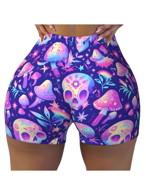 Seamless Workout Shorts Women - colorful mushroom Skull rainbow Biker Gym Running Yoga Spandex Shorts for Women