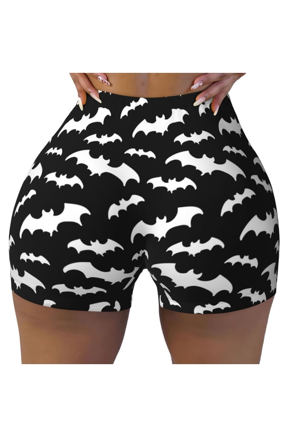 Seamless Workout Shorts Women - cool Black white bats Biker Gym Running Yoga Spandex Shorts for Women