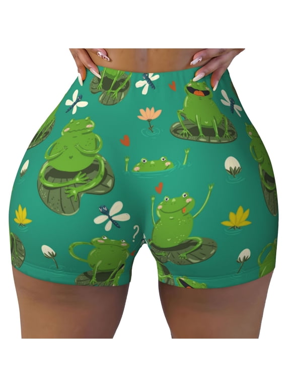 Seamless Workout Shorts Women - cute frogs dragonfly Lily green Biker Gym Running Yoga Spandex Shorts for Women