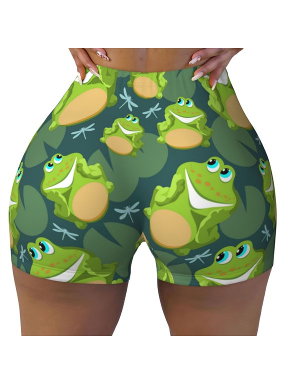 Seamless Workout Shorts Women - cute frogs dragonfly leaves green Biker Gym Running Yoga Spandex Shorts for Women