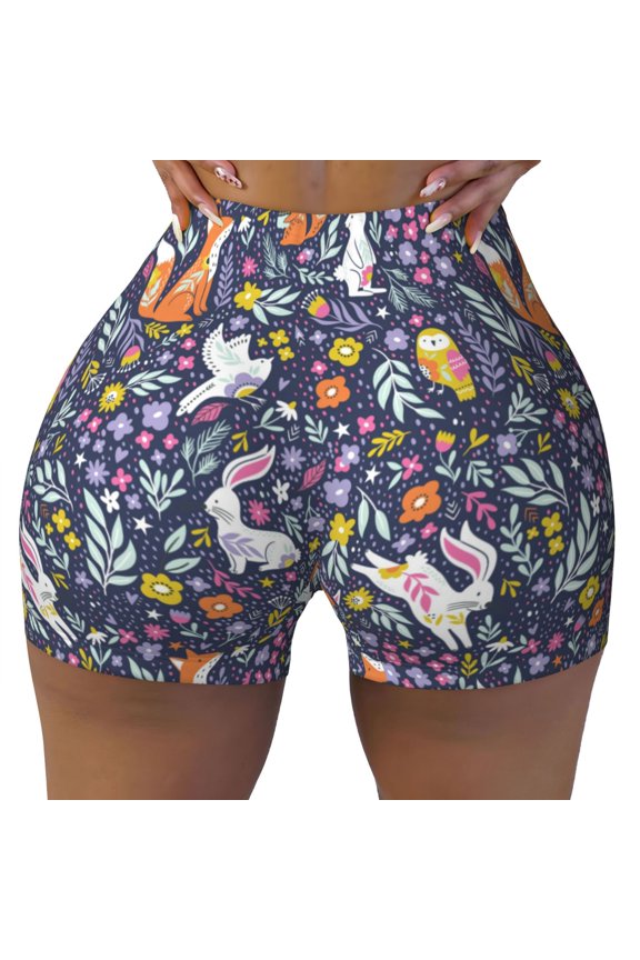Seamless Workout Shorts Women - fox rabbit leaf colorful Biker Gym Running Yoga Spandex Shorts for Women