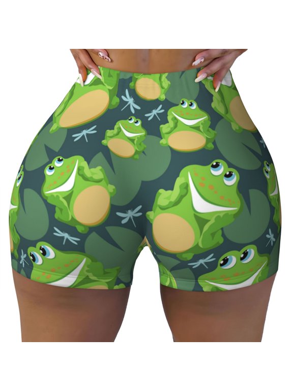 Seamless Workout Shorts Women - frogs dragonfly leaves green cute Biker Gym Running Yoga Spandex Shorts for Women